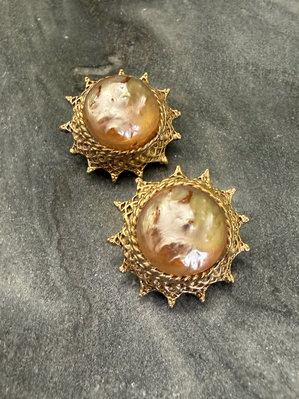 Vintage Hattie Carnegie Golden Champagne Sun Pearl Statement Clip On Earrings